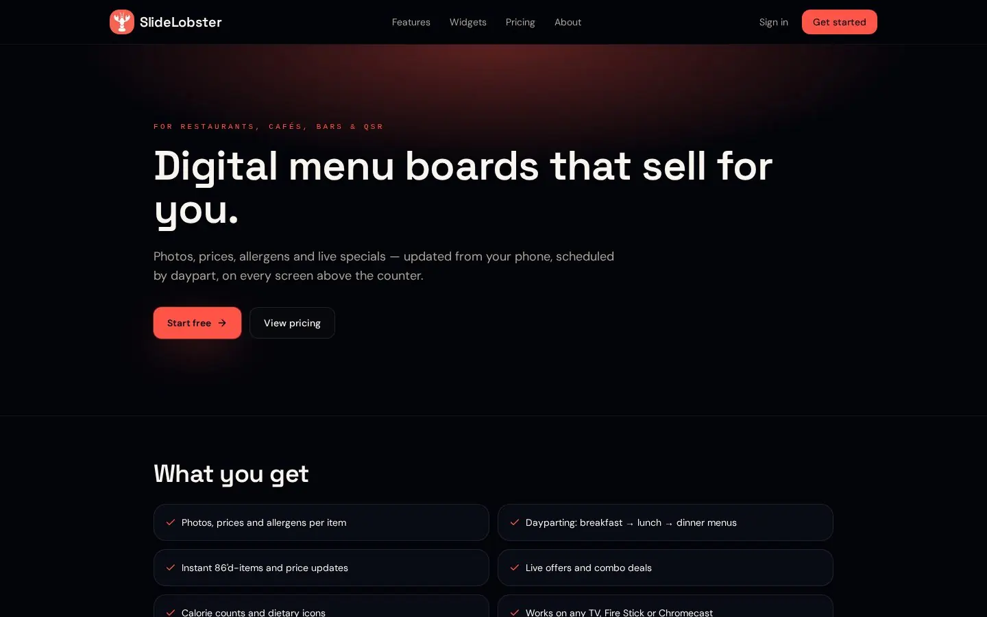 SlideLobster — Use-case landing page targeting menu-board searches