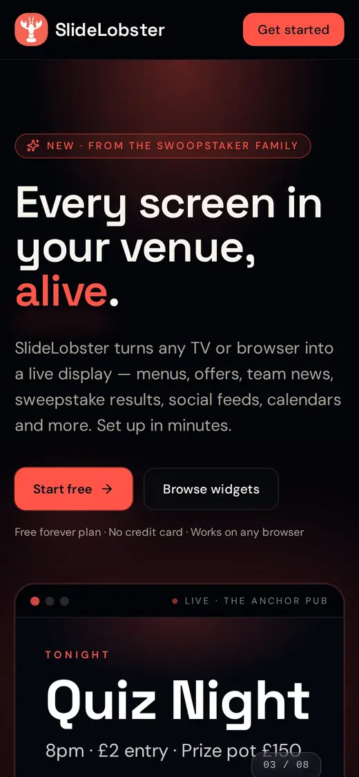 SlideLobster — Homepage on mobile