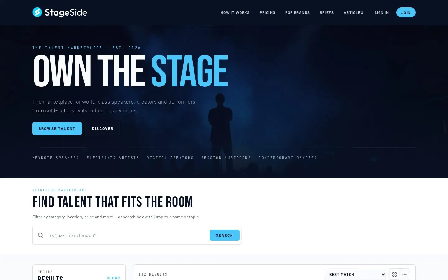 StageSide as it appears live in the browser