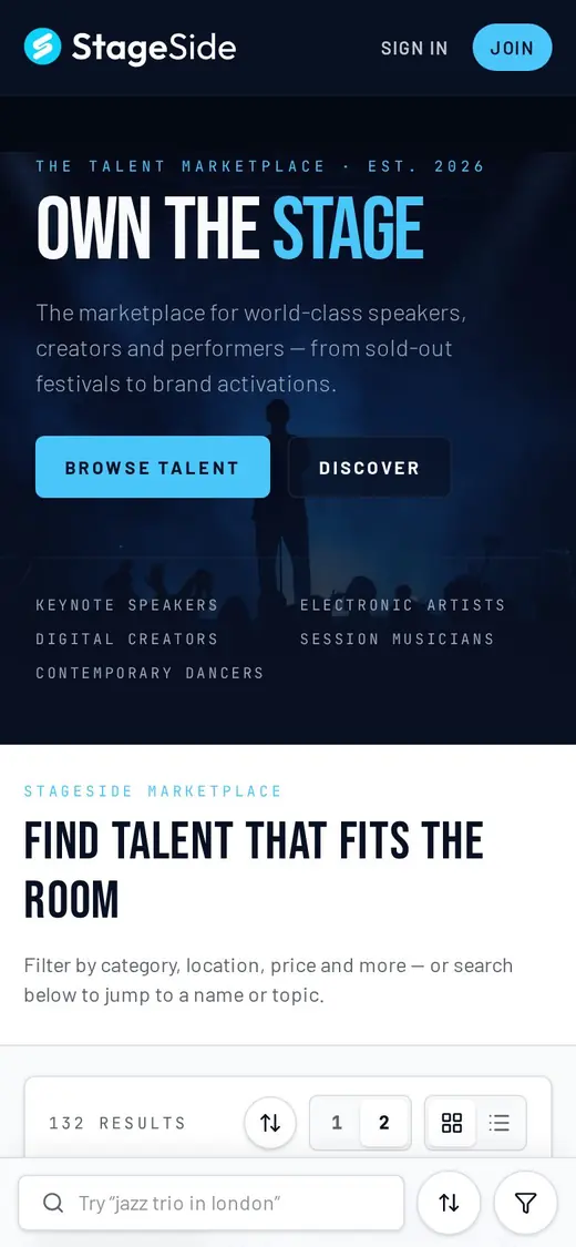 StageSide — Homepage on mobile