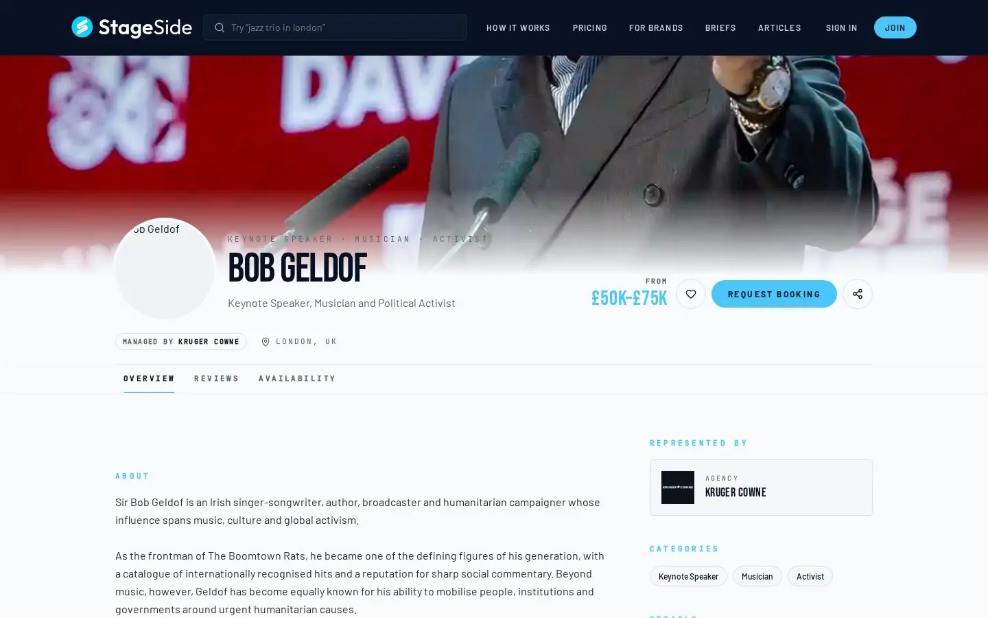 StageSide — Talent profile with fee range and enquiry flow