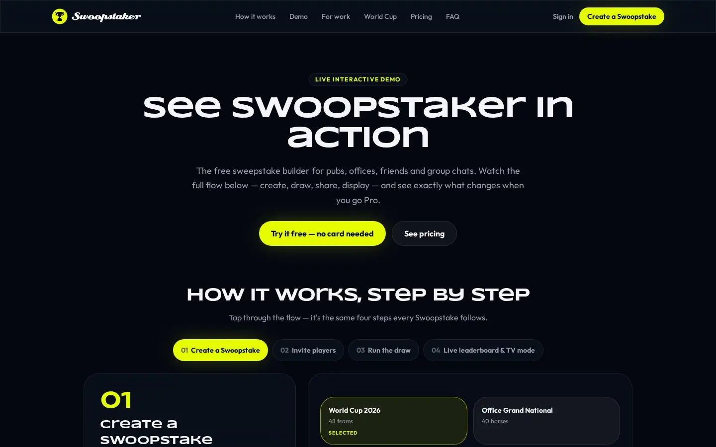 Swoopstaker — Interactive demo — the full flow before signing up
