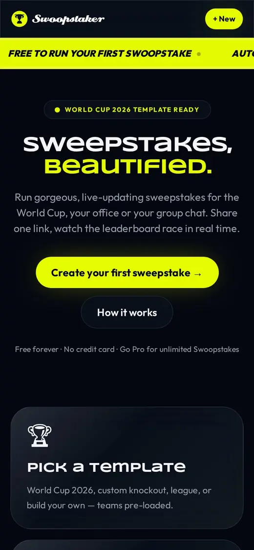 Swoopstaker — Homepage on mobile